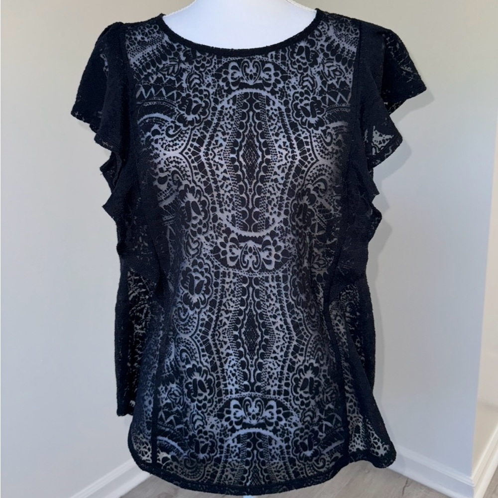 APT‎ 9 Black Sheer Lace Flutter Sleeve Top Blouse Women’s Size Large Goth Grunge